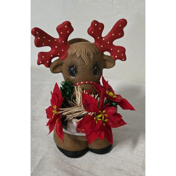 Vintage Christmas Raindeer Hand-painted, Red Poinsetta, Napkin Holderin Holder - Picture 6 of 6